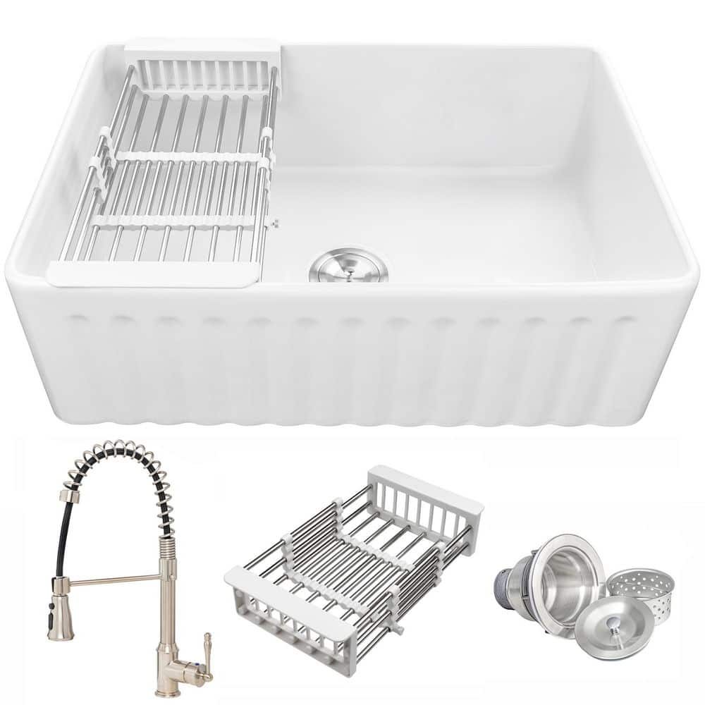 White Fireclay 33 in. Single Bowl Apron-Front Kitchen Sink with Faucets and Basket Strainer price history on PriceWatchPro