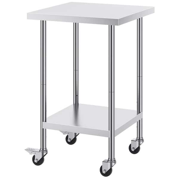 SKYSHALO Stainless Steel Work Table 24 x 24 x 38 In. 700lbs. Silver Kitchen Prep Table Load Capacity with 4 Wheels Height Levels