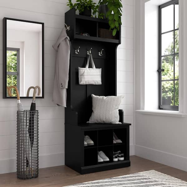 Bush Furniture Woodland Black Suede Oak Hall Tree and Shoe Bench with Shelves