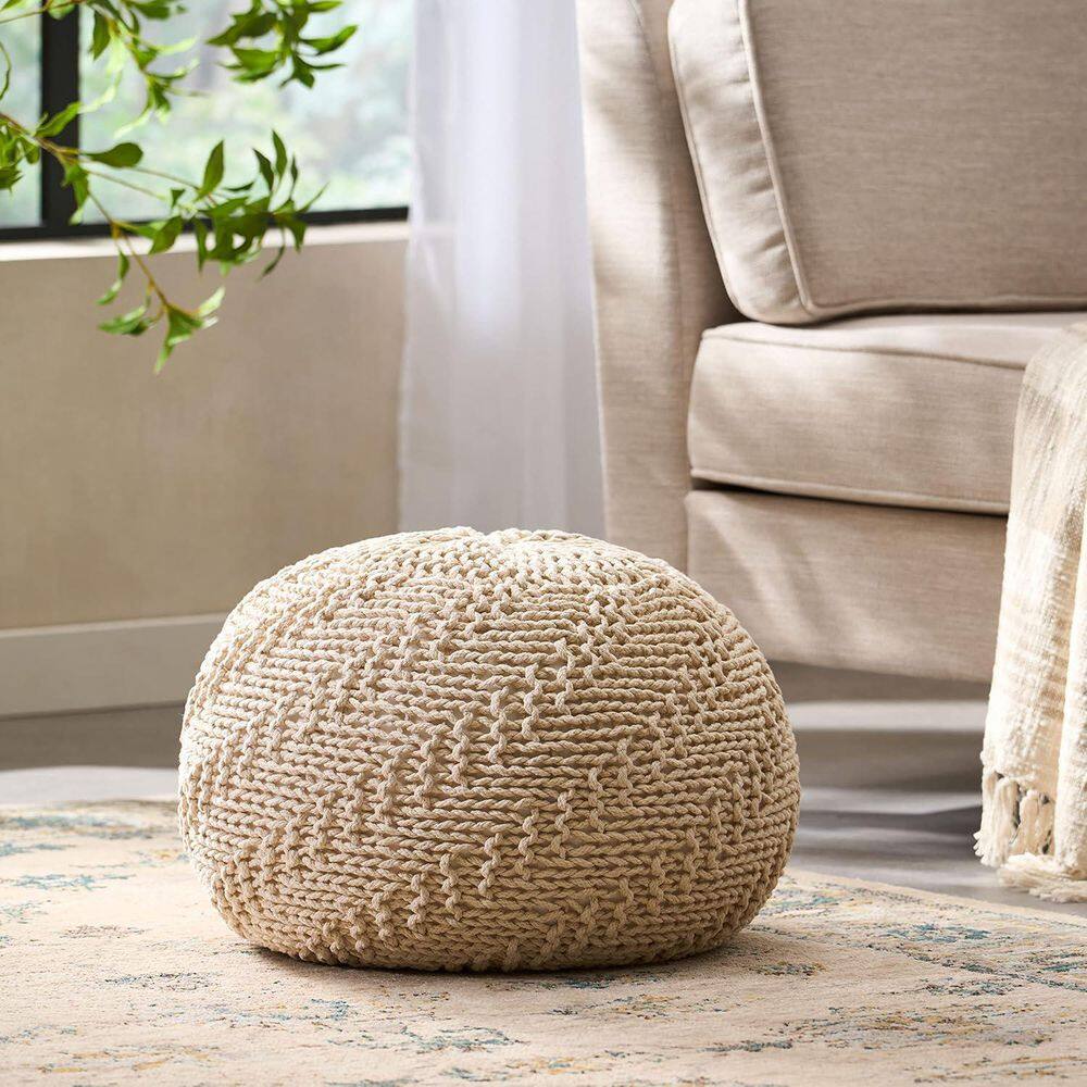 Natural Ivory Cotton Round Pouf with Knit Weave Cover for Seasonal Home Dec
