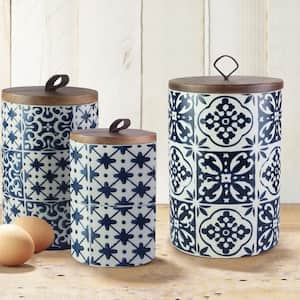 Blue Medallions 3-Piece Stoneware Canister Set with Wood Lids