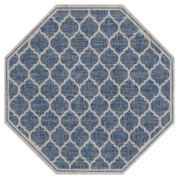 Trebol Moroccan Trellis Textured Weave Navy/Gray 8 ft. Octagon Indoor/Outdoor Area Rug