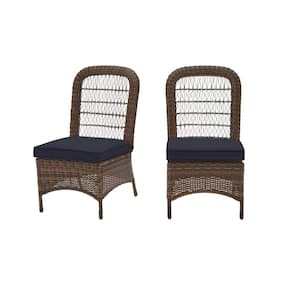 Beacon Park Brown Wicker Outdoor Patio Armless Dining Chair with CushionGuard Midnight Navy Blue Cushions (2-Pack)