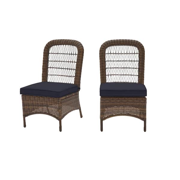 Hampton Bay Beacon Park Brown Wicker Outdoor Patio Armless Dining Chair with CushionGuard Midnight Navy Blue Cushions (2-Pack)