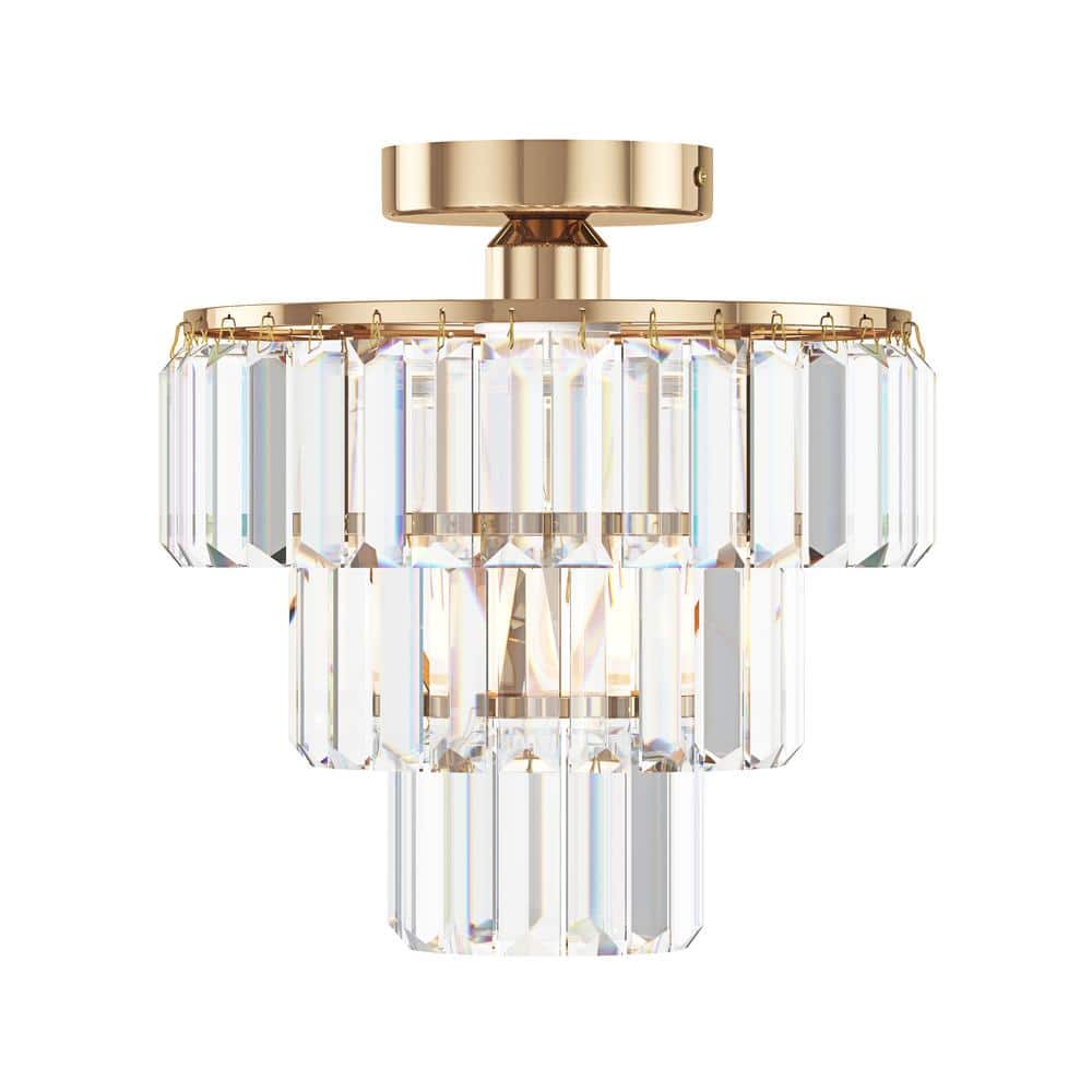 Modern 10.23 in. 1-Light Gold Crystal Semi-Flush Mount Mini 3-Tier Close to