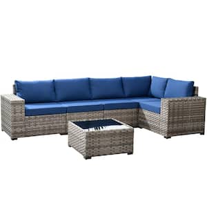Beatrice 6-Piece Wicker Outdoor Sectional Set with Navy Blue Cushions
