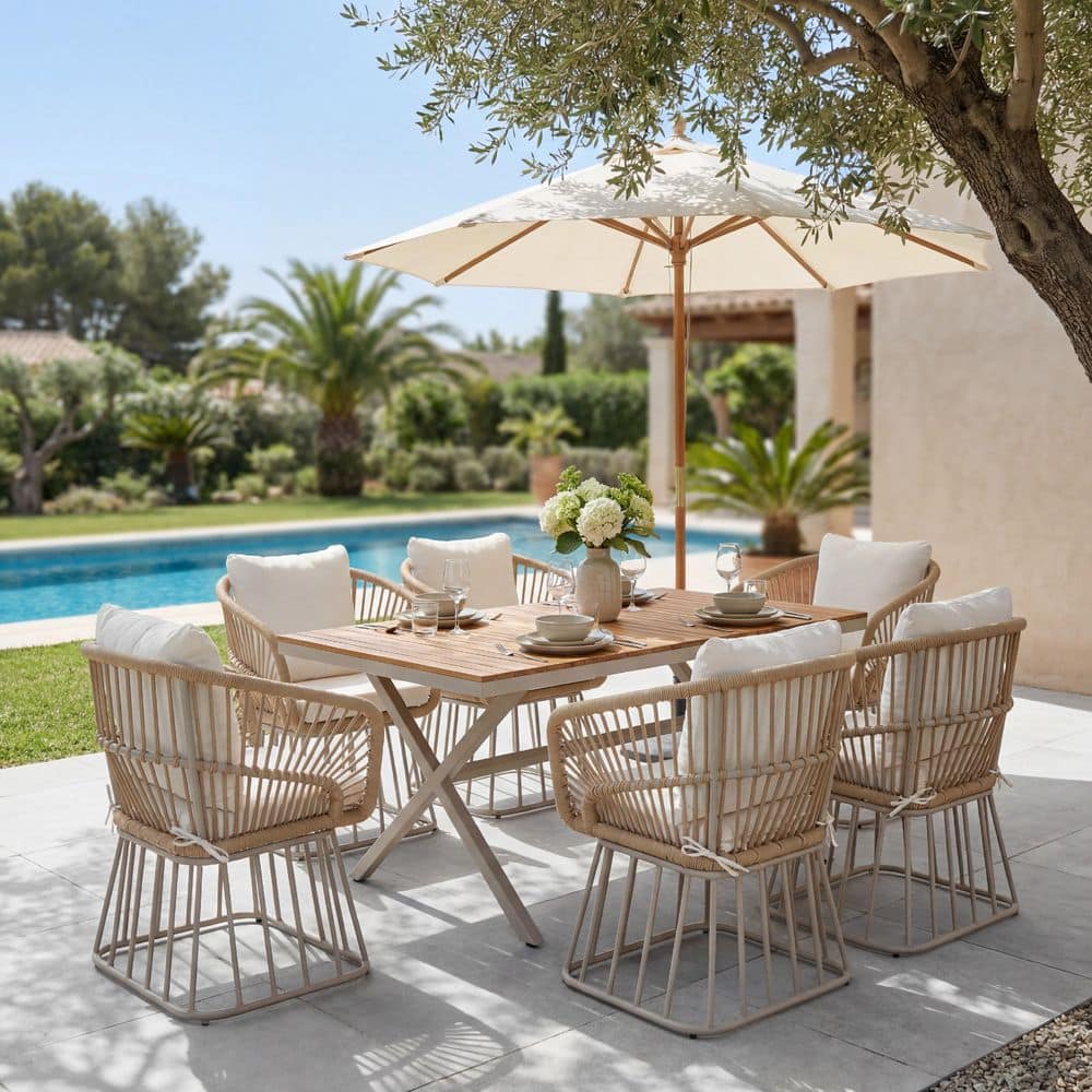 Avexon 7-Piece Acacia Wood Patio Outdoor Dining Set with Cream Cushions and Wicker Chairs, Beige Steel Frame price history on PriceWatchPro