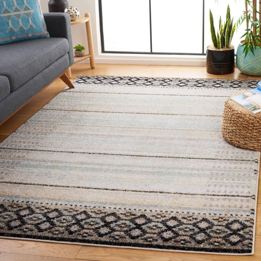 Ivory and Blue Grey Hand-Knotted Synthetic Round Area Rug