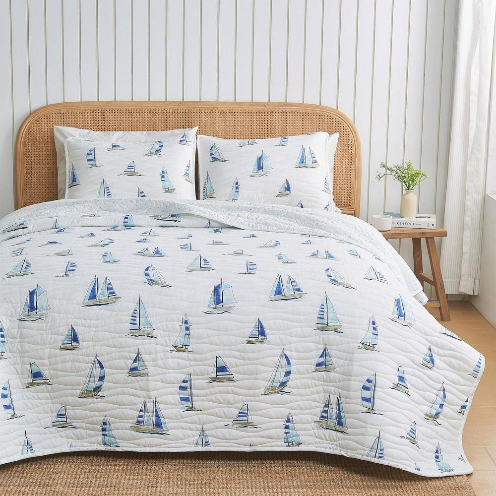 FRESHFOLDS Blue Ultra-Soft Coastal Printed Reversible Microfiber Quilt ...
