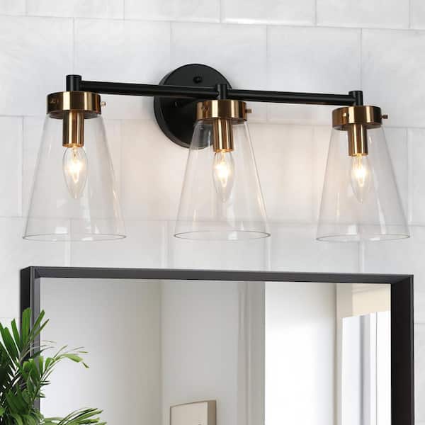 LNC Modern 21.6 in. 3-Light Black and Brass Bath Vanity Light with Bell Clear Glass Shade Powder Room Sconce, LED Compatible
