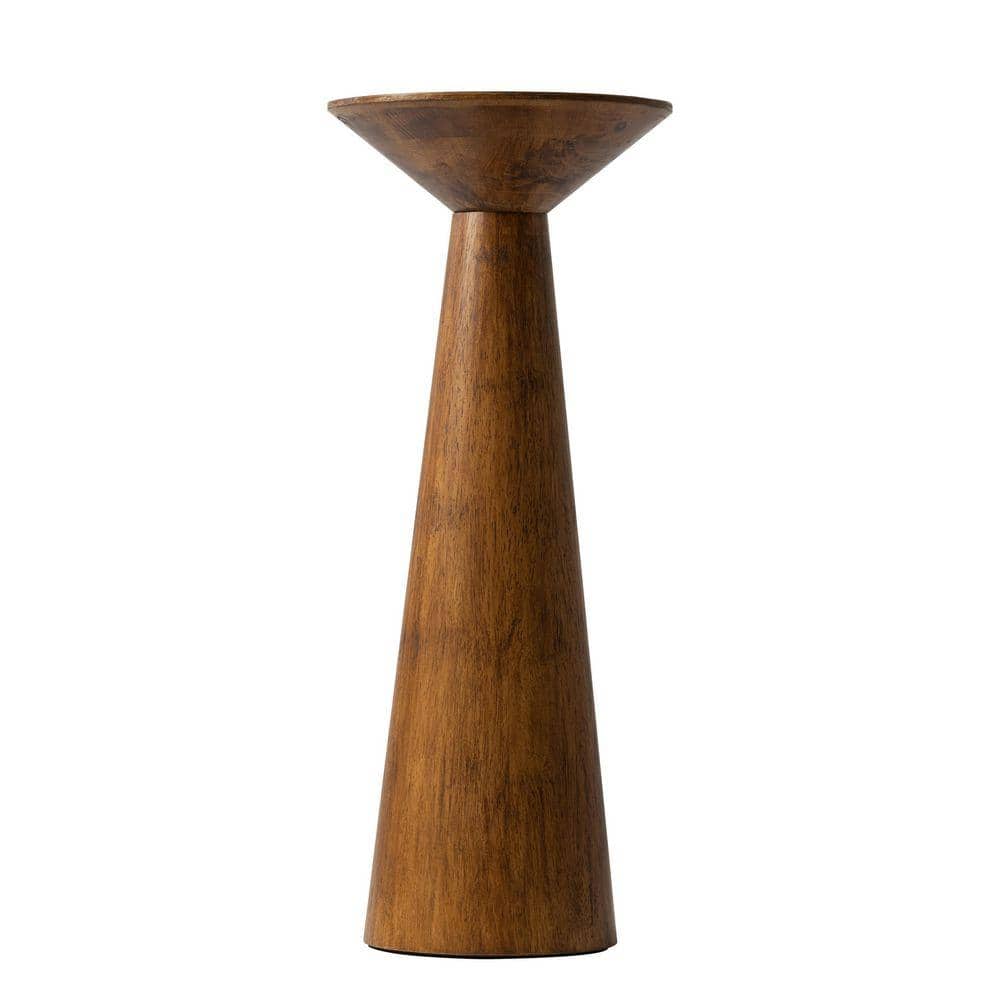 Rustic 9.84 in. Walnut Round Pine Wood Tall Pedestal End Table with tapered silhouette