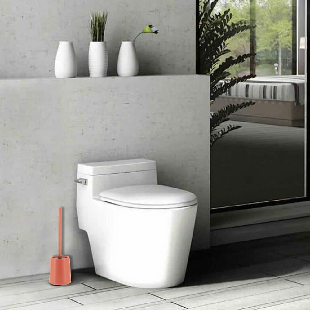 Terracotta Stoneware Toilet Brush and Holder Set with Bamboo Handle
