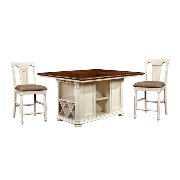 Furniture of America Clove 3-Piece White and Cherry Kitchen Island Set