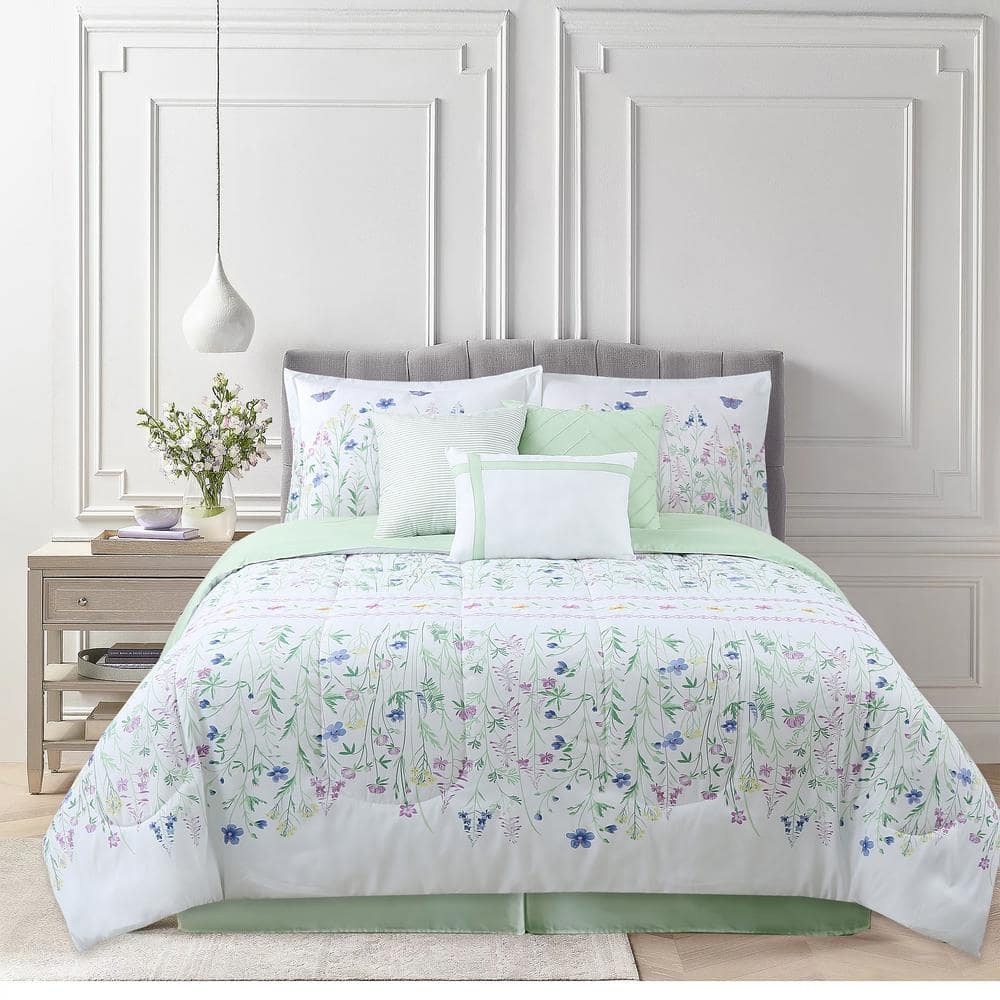 Wildflower Embroidered White Full Microfiber 7-Piece Comforter Set