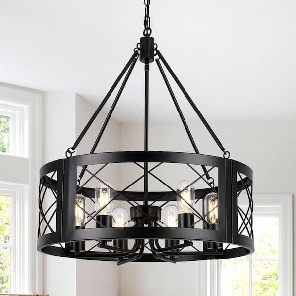 6-Light 21.7 in. Matte Black Modern Farmhouse Drum Cage Chandelier for Dining Room Bedroom Foyer, No Bulbs Included