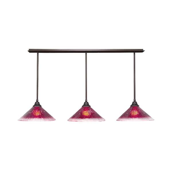 Unbranded Livingston 100-Watt 3 Light Brown Linear Pendant Light with 16 in. Raspberry Crystal Glass Shades No Bulbs Included