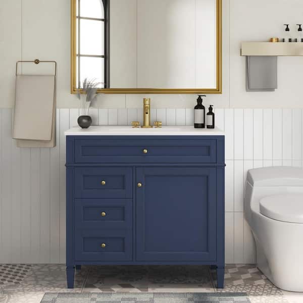 JimsMaison 36 in. W. x 18 in. D x 34 in. H Single Sink Freestanding Bath Vanity in Blue with White Ceramic Top