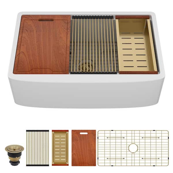 Sarlai 33 in. Farmhouse/Apront Front Single Bowl White Porcelain Ceramic Workstation Kitchen Sink with Gold Bottom Grid