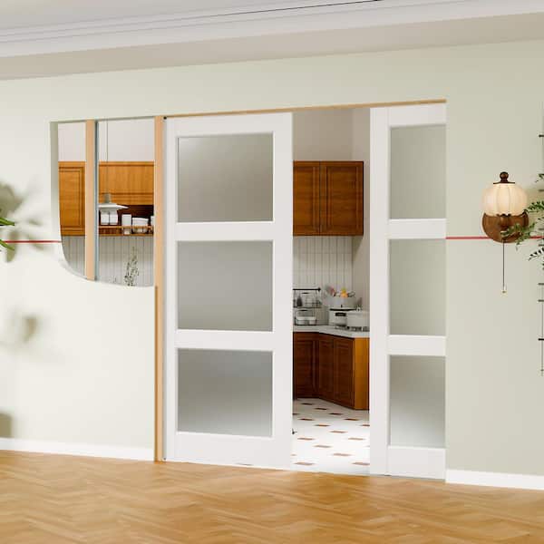 60 in. x 80 in. 3 Lite, Frosted Glass, Solid Core, DIY Painted, White Primed, MDF Sliding Door with All Hardware