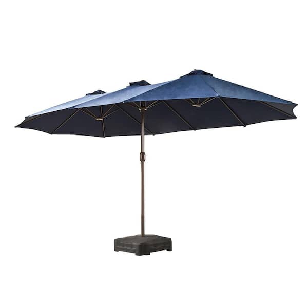 15 ft. x 9 ft. Rectangular Metal Double-Sided Market Patio Umbrella with Base and Crank in Dark Blue