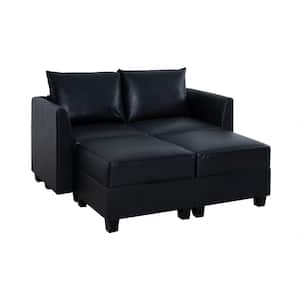 56.1 in. W Faux Leather Straight Arm Loveseat with Double Ottoman for Sectional Sofa in Black