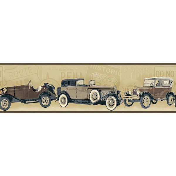 The Wallpaper Company 8 in. x 10 in. Neutral Antique Cars Border Sample