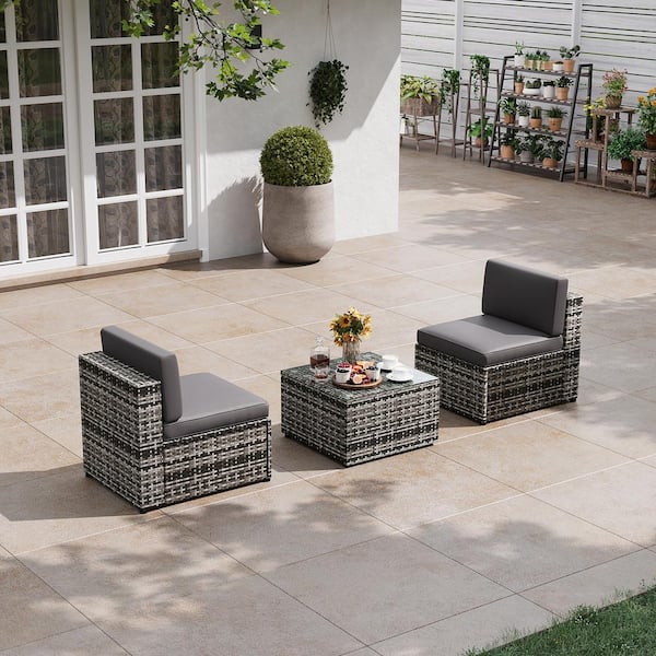 SUNMTHINK 3-Pieces Outdoor Brown Wicker Patio Conversation Set Armless Rattan Sofa with Gray Cushions and Coffee Table