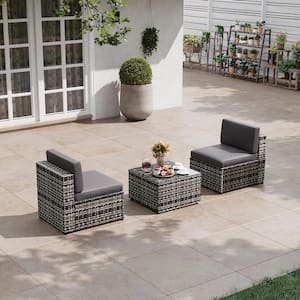 3-Pieces Outdoor Brown Wicker Patio Conversation Set Armless Rattan Sofa with Gray Cushions and Coffee Table