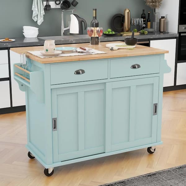 Unbranded Mint Green Rubberwood Drop-Leaf Countertop 52.2 in. Kitchen Island Cart Sliding Barn Door with Storage and 2-Drawer