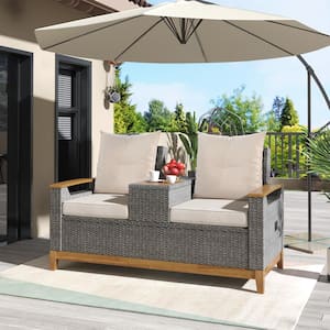 Adjustable 1-Piece Composite Outdoor Loveseat with Beige Cushions and Storage Space