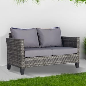 Gray 1-Piece Wicker Outdoor Loveseat with Light Gray Cushions