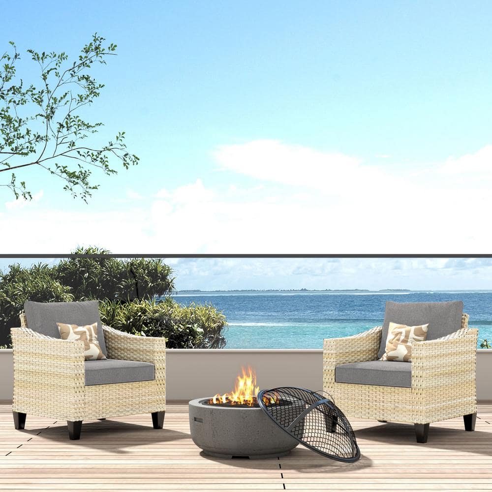 Oconee Beige 3-Piece Wood Fire Pit Seating Set with Dark Grey and Cushions Outdoor Patio Lounge Chair a Burning -  HOOOWOOO, WFP-DAR203