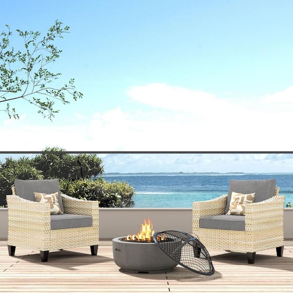 HOOOWOOO Oconee Beige 3-Piece Wood Fire Pit Seating Set with Dark Grey and Cushions Outdoor Patio Lounge Chair a Burning