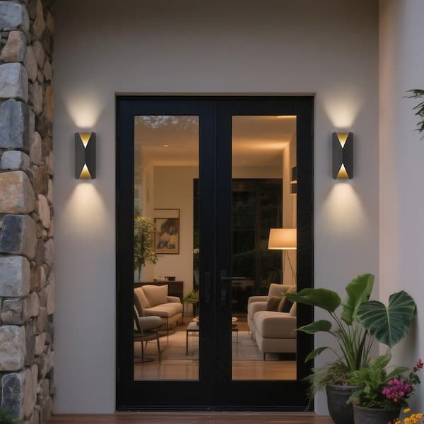 15 in. 2-Light Black Geometry Integrated LED Outdoor MetalExterior Garage Wall Sconce with 3-CCT Adjustable Switch