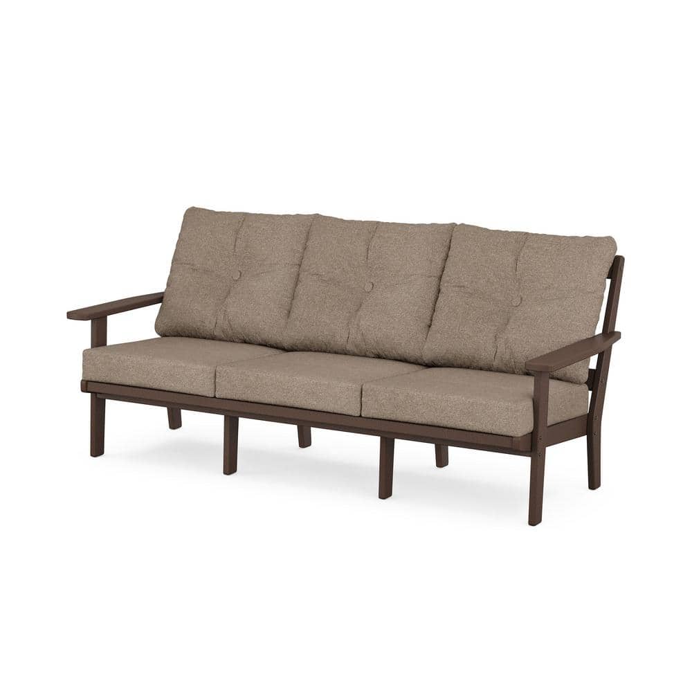 POLYWOOD Prairie Plastic Outdoor Deep Seating Couch in Mahogany with Spiced Burlap Cushions