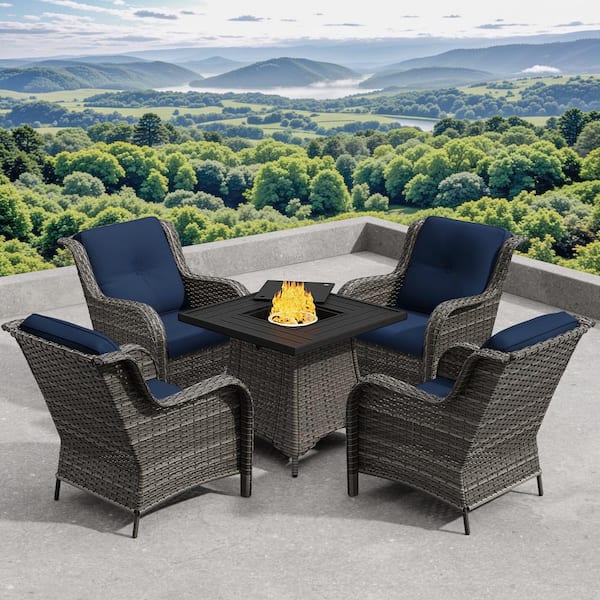 Gardenbee 5-Piece Patio Wicker Outdoor Lounge Chair Set with Blue Cushions and Rectangular Fire Pit Table