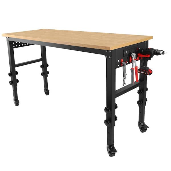 60 in. x 24 in. Black Metal Adjustable Large Capacity Rubberwood Rolling Heavy Duty Workbench with Power Outlet