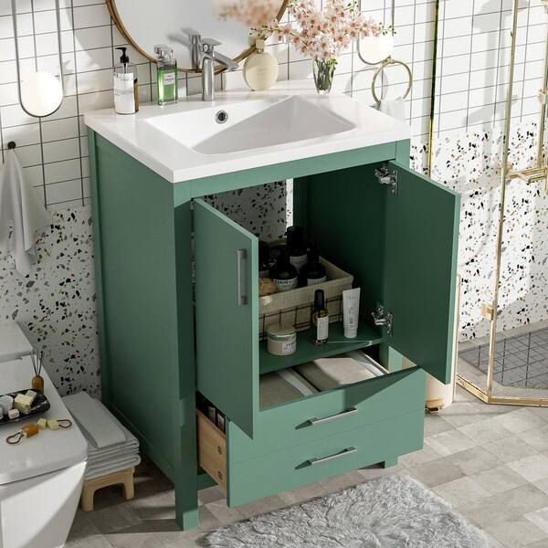 24 in. Freestanding Green Bath Vanity with White Ceramic Top, Silver Handles and Soft Closing Doors