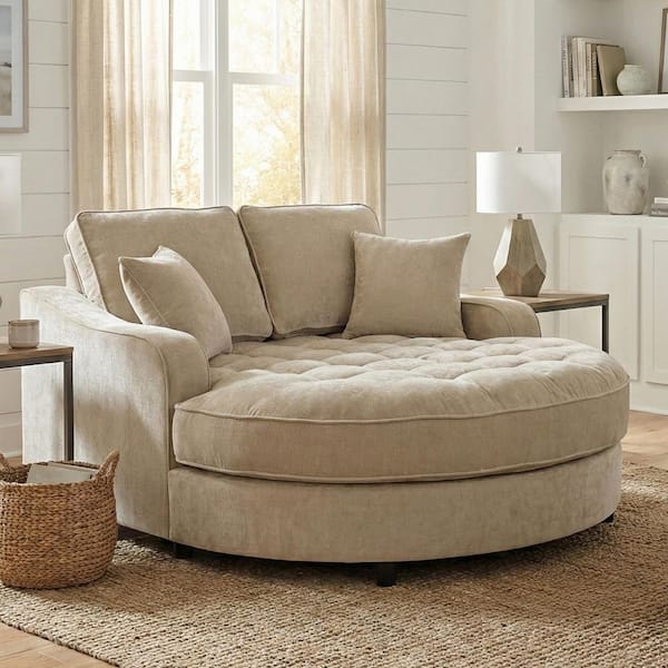 Delvric Modern 55 in. Rolled Arms Champagne Chenille Tufted Upholstered Twin Size Sofa Bed with Pillows