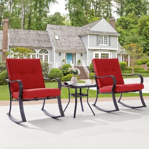 3-Piece Metal Frame Outdoor Bistro Set 2 Rocking Chairs with Red Cushions and Tempered Glass Side Table
