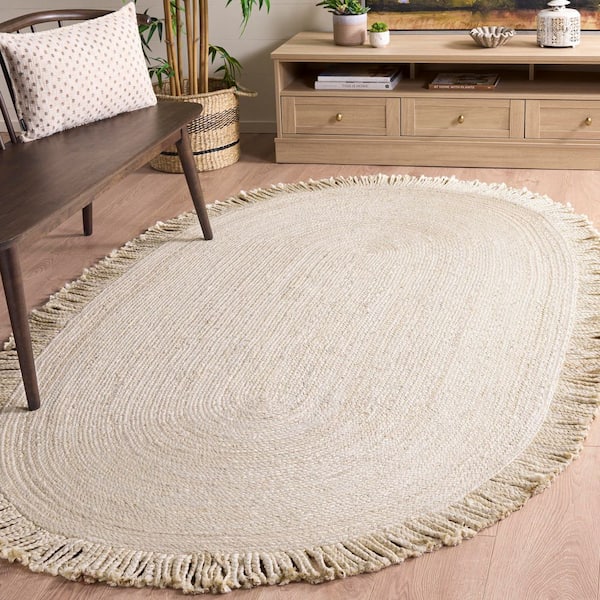 Braided 4 ft. x 6 ft. Oval Beige Solid Color Gradient Area Rug