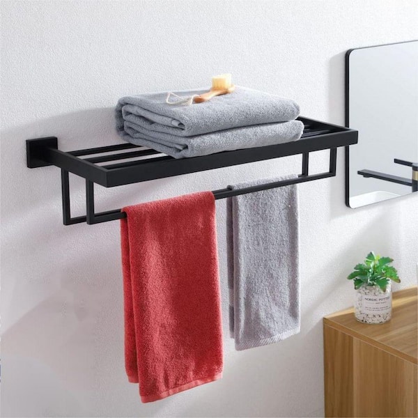 Dracelo 19.5 in. W x 5.92 in. D x 6.89 in. H Black Glass Shelf Bathroom Shelf with Towel Bar/Rail Shower Towel Rack Wall Mount