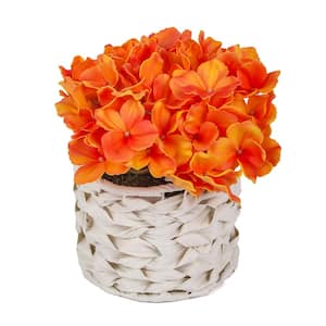 10 in. Artificial Floral Arrangements Hydrangea in Basket Color: Orange