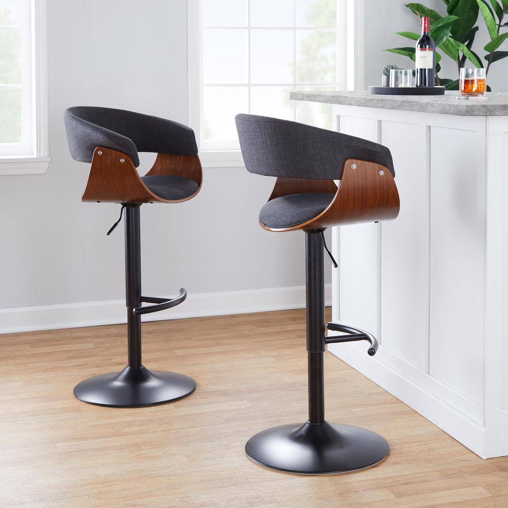 Adjustable Charcoal Fabric and Black Metal Swivel Barstool Set