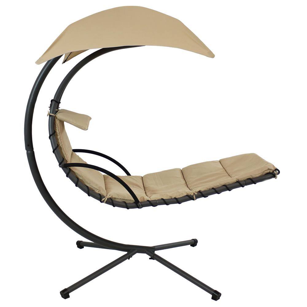 Beige Hanging Chaise Lounger with Cushions and Stand, Set of 2