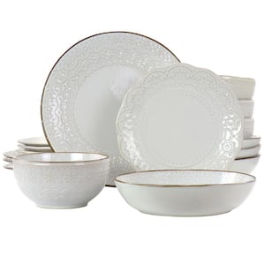 Countess 16-Piece Embossed Double Bowl Stoneware Dinnerware Set in Ivory (Service for 4)
