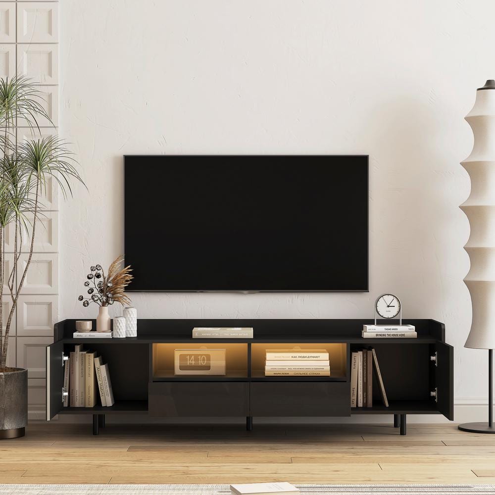 Magic Home 65 in. Modern Black Remote Control TV Stand Entertainment ...