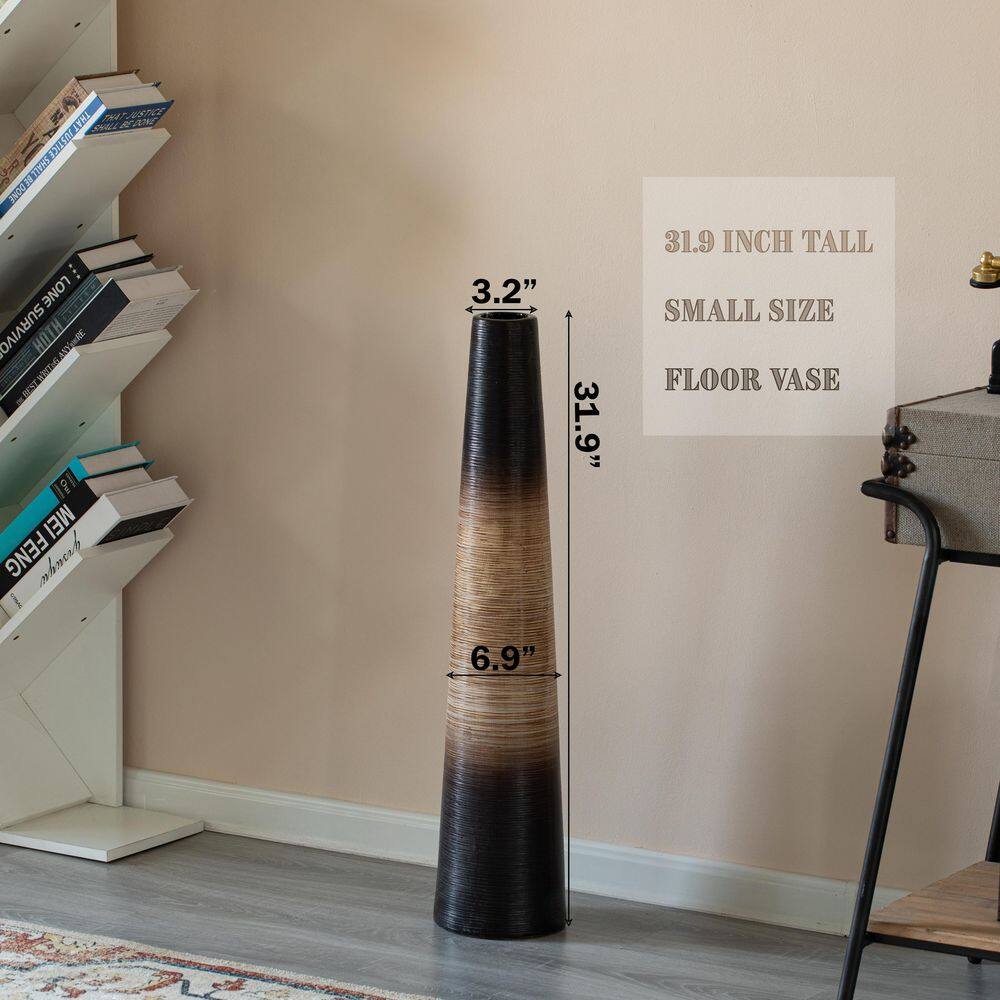 31-Inch Tall Handcrafted Brown Ceramic Cylinder Floor Vase