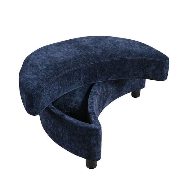 URTR Navy Blue Chenille Upholstered Half Moon Storage Tray Serve Shoe Bench Foot Rest 17.3 in. H x 18.9 in. W x 32.7 in. D