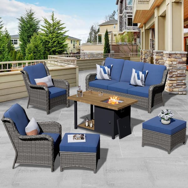 OVIOS Joyo Ung Gray 6-Piece Wicker Outdoor Patio Fire Pit Table Conversation Seating Set with Denim Blue Cushions